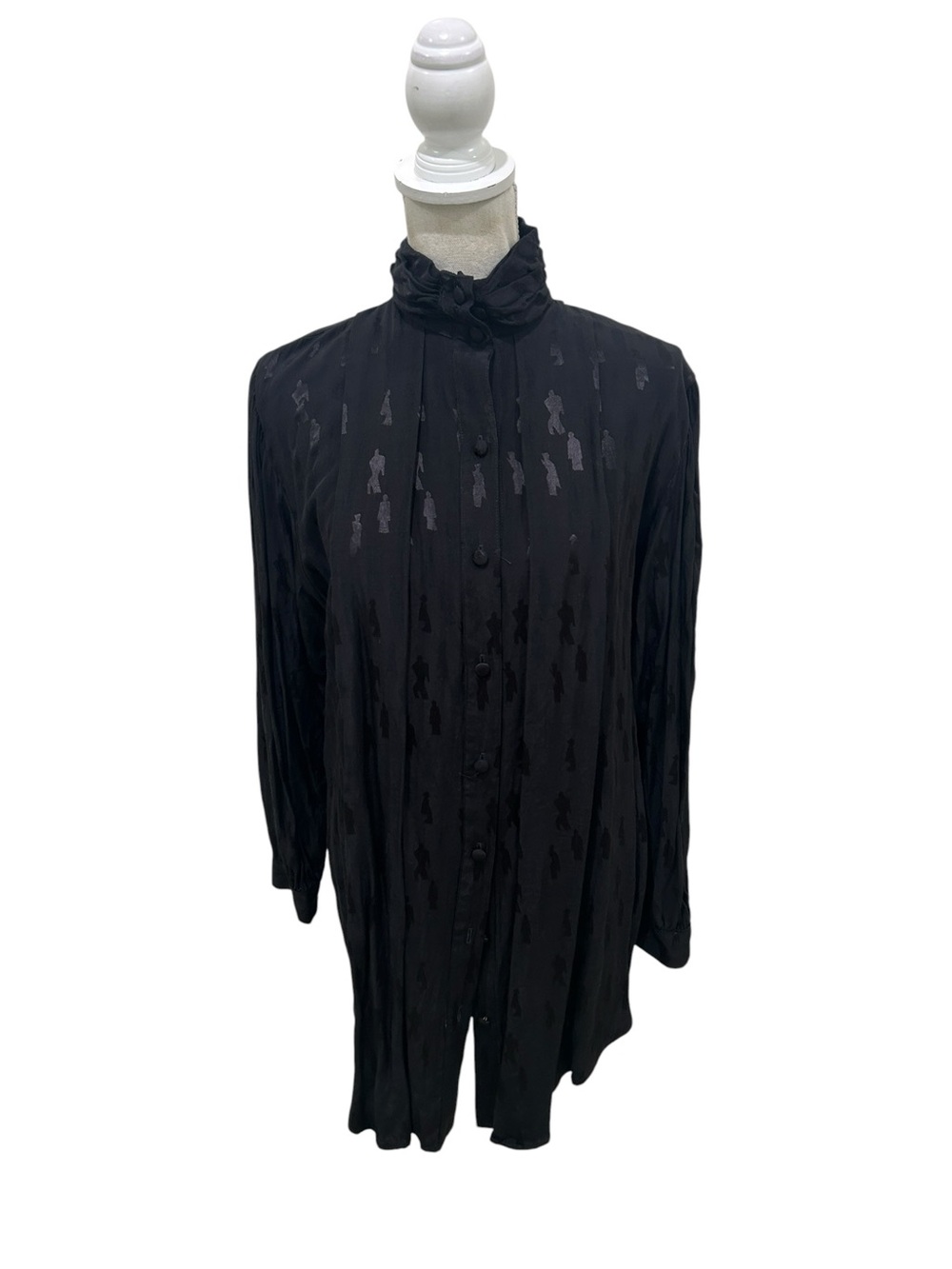 Isis Black Ruffle-Neck Button Front longline Blouse made in USA size small